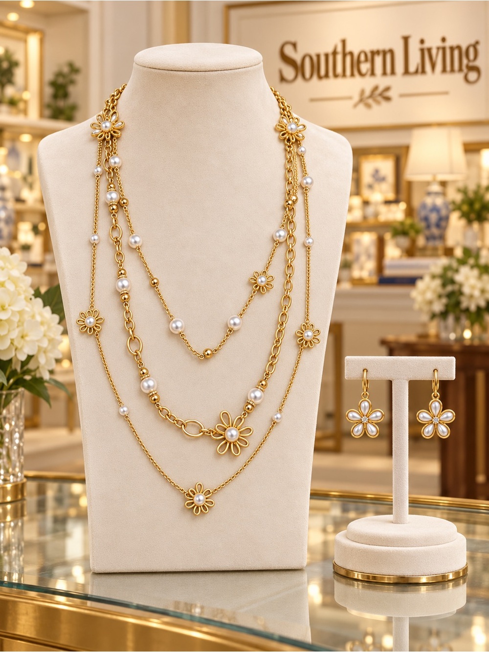 Southern Living Gold and Pearl Daisy Layered Necklace with Matching Earrings